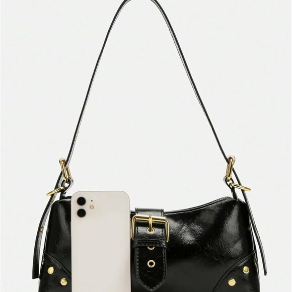 Women's Faux Leather Buckle Shoulder Bag Top Handle Studded Purse - Picture 5 of 5